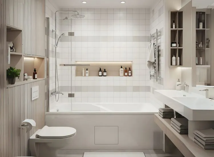 Small Bathroom with Convertible Bathtub Smart small bathroom design ideas with convertible bathtub-to-shower systems offering flexibility in compact layouts.