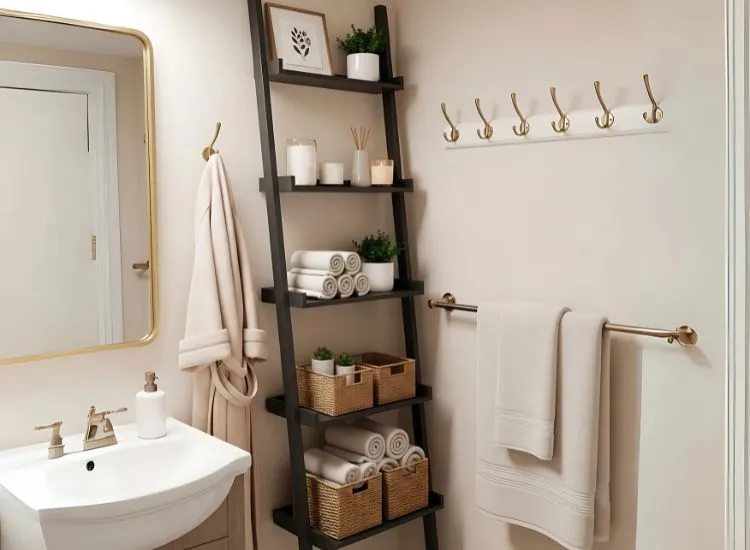 Small Bathroom with Ladder Shelves Functional small bathroom ideas with ladder shelves, wall hooks, and towel rods to organize essentials in limited space.