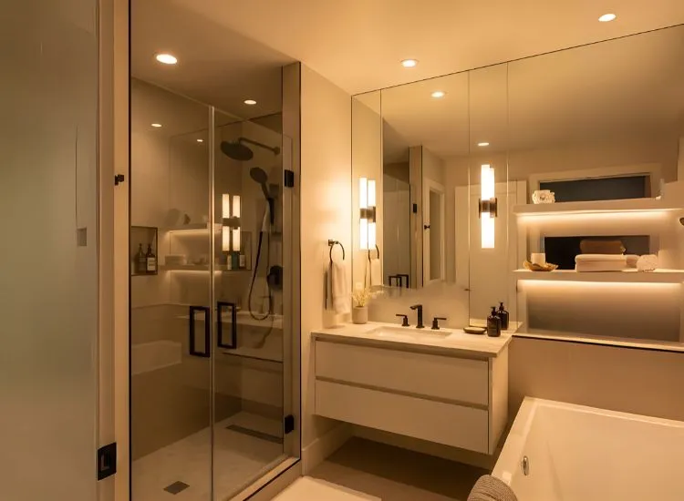 Small Bathroom with Layered Lighting Design Stylish small bathroom design ideas using layered lighting to enhance ambiance and functionality in compact spaces.