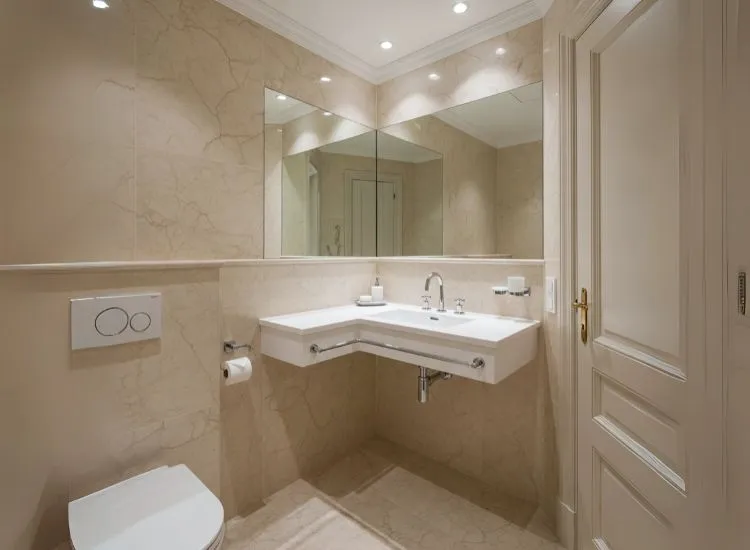 Small Bathroom with Luxe Marble Look and Compact Layout Elegant small bathroom ideas showcasing luxe marble finishes paired with compact layouts for a refined, space-saving design.