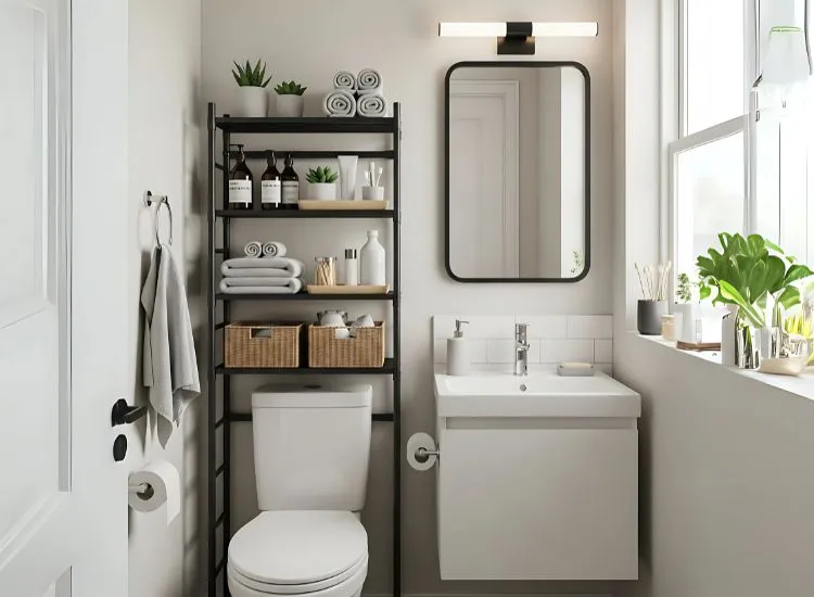Small Bathroom with Over the Toilet Storage Rack Space-saving small bathroom ideas using over-the-toilet storage racks to enhance functionality in compact bathroom designs.