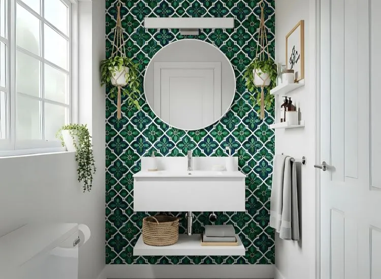 Small Bathroom with Peel and Stick Tiles or Removable Wallpaper Creative small bathroom design ideas using peel-and-stick tiles or wallpapers to add style and personality to compact spaces.