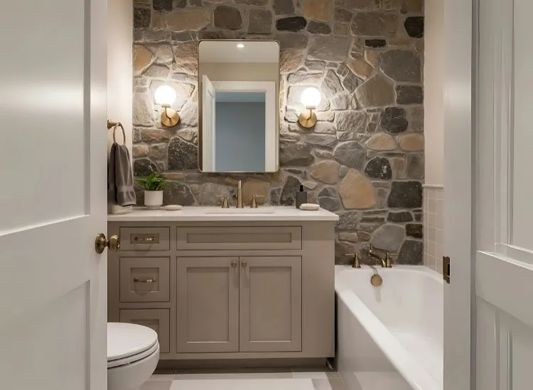 Small Bathroom with Raw Stone Wall Small Bathroom with Raw Stone Wall