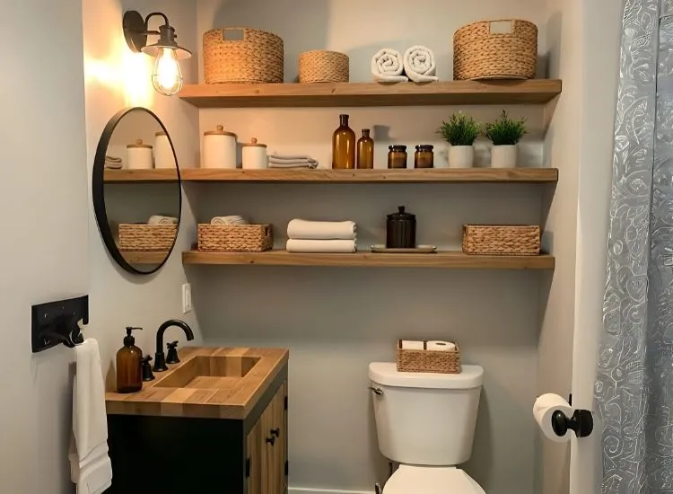 Small Bathroom with Rustic Charm and Floating Wood Shelves Small Bathroom with Rustic Charm and Floating Wood Shelves