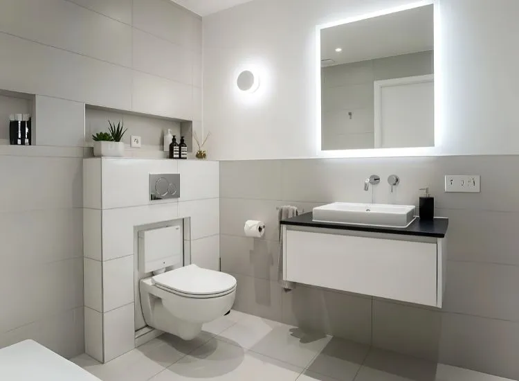 Small Bathroom with Wall Mounted Toilet Modern small bathroom design ideas featuring wall-mounted toilets and concealed cisterns for a sleek, space-saving layout.