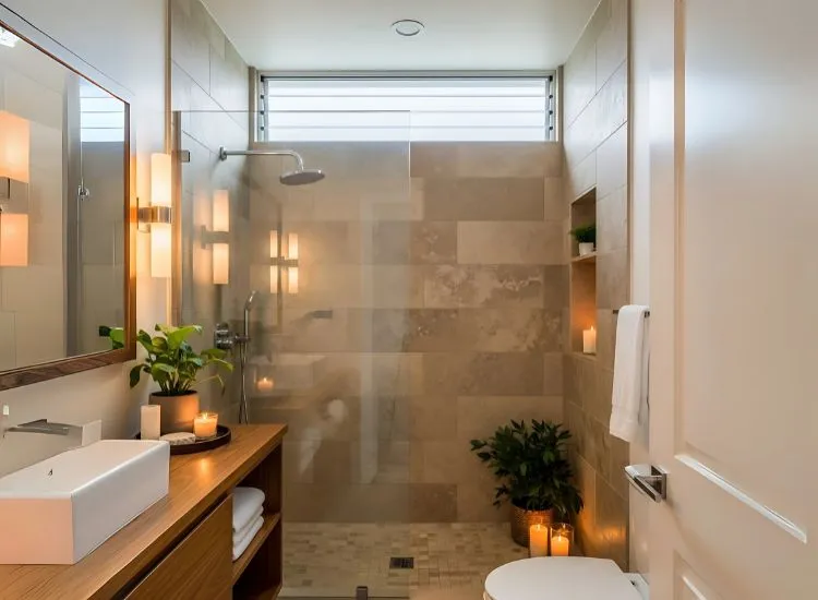 Small LA Bathroom with Earthy Materials and Ventilated Real-life small bathroom design ideas from an LA home featuring earthy materials and a well-ventilated wet zone layout.
