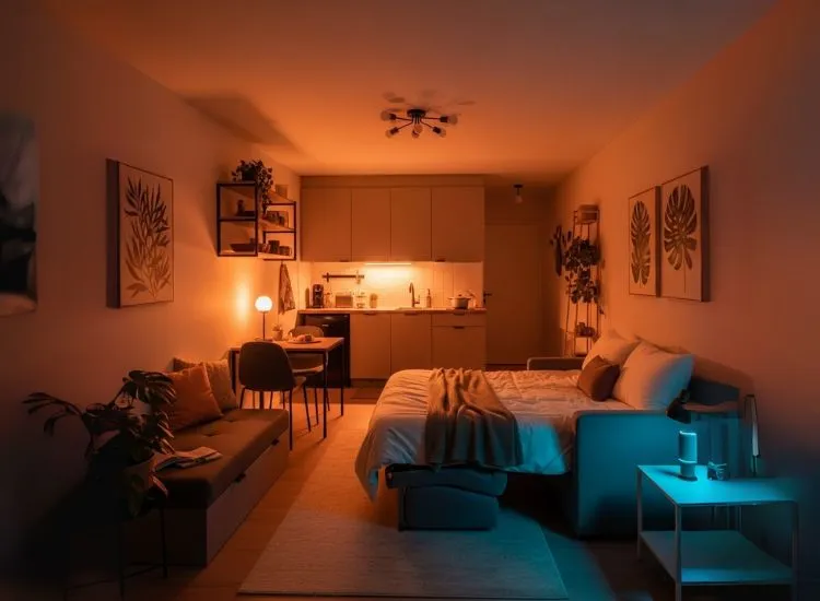 Smart Lighting in Action Studio Apartment DIY studio apartment studio makeover featuring smart lighting solutions — innovative studio apartment interior ideas for personalized styling.