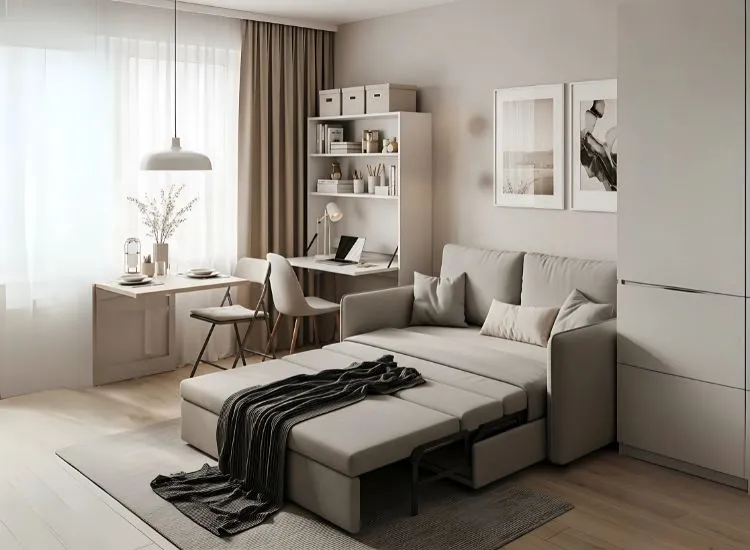 Sofa cum Beds Fold Out Desks Small studio apartment studio with sofa-cum-bed, fold-out desk, and expandable dining — space-saving studio apartment interior ideas for modern living.