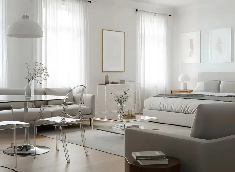 Studio Apartment Decor For Transparent Furniture Studio apartment decorating ideas with transparent furniture that blends into the space — ideal for airy and modern studio apartment interior ideas.