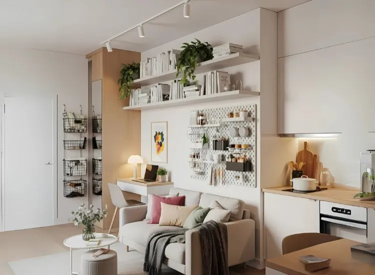 Studio Apartment Decor with Wall Mounted Units Studio apartment decorating ideas with wall-mounted units and hanging storage — maximizing space in stylish studio apartment interior ideas.