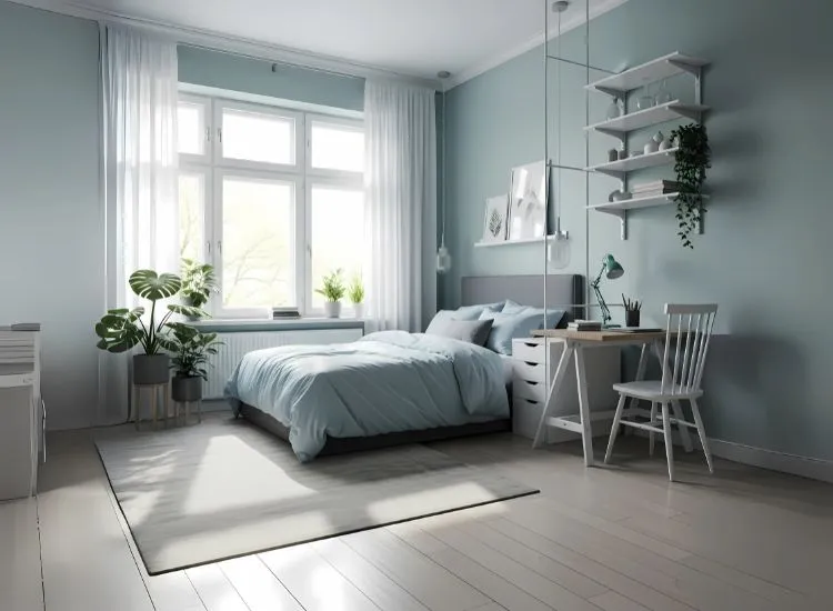 Studio Apartment Interior Ideas How Cool Colors Cool-color palette in a studio apartment studio that makes the space feel airy and expansive — smart studio apartment interior ideas and room decorating inspiration.
