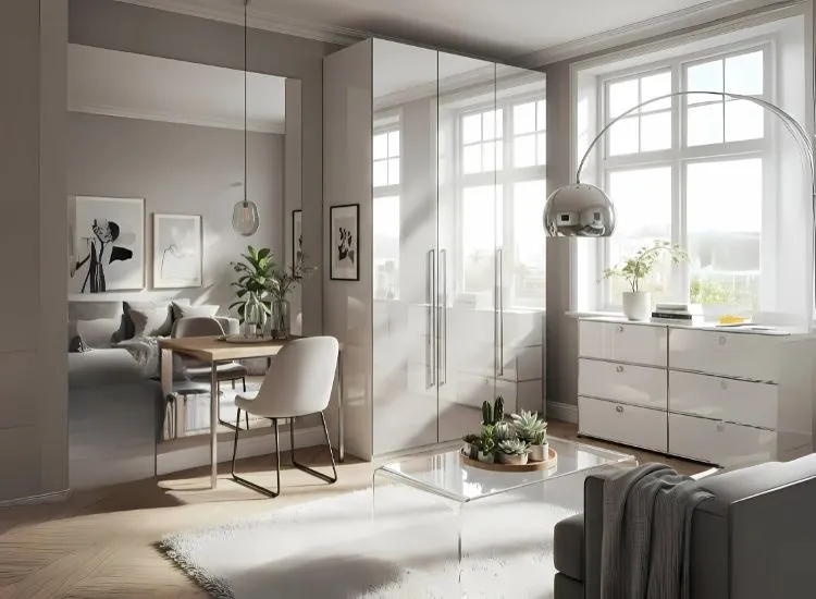 Studio Apartment Room To Reflective Surfaces Studio apartment room ideas featuring reflective surfaces like mirrors and glass — smart studio apartment interior ideas to enhance depth and light.