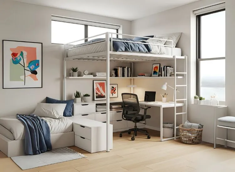 Studio Room Ideas For Loft Beds Studio apartment studio with loft bed featuring underneath workspace and storage — smart studio room ideas and functional interior design solutions.