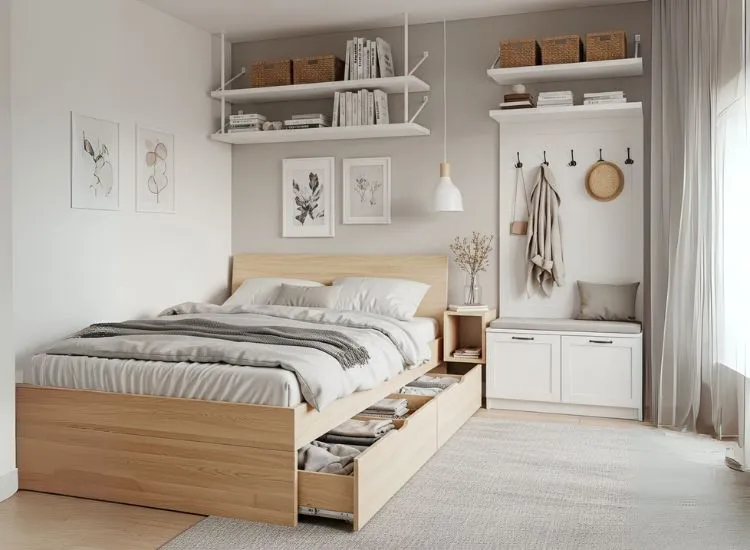 Under the Bed Drawers Ceiling Shelves Studio apartment room ideas with under-the-bed drawers, ceiling-mounted shelves, and entryway cabinets — smart studio apartment interior ideas for storage.