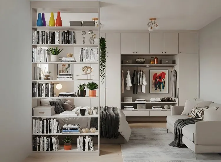 Vertical Storage Studio Apartment Decor Vertical storage solutions in a studio apartment studio used as stylish separators — smart studio apartment decorating ideas for compact living.