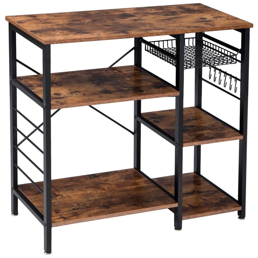 myny Industrial Kitchen BakerÂ’S Rack With 5 Hooks, Microwave Oven Stand 3-Tier + 3-Tier Kitchen Organizer Workstation