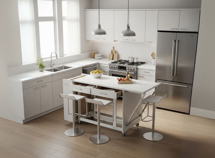 How Much Space Do You Need Efficient small kitchen island design illustrating how much space is needed for kitchen island ideas for small kitchens.