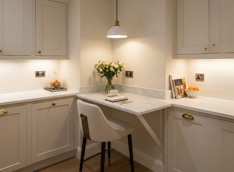 Idea 10 Marble Topped Island with Seating for One Marble-topped island with single seating combining elegant small kitchen island design and space-saving kitchen island ideas for small kitchens.