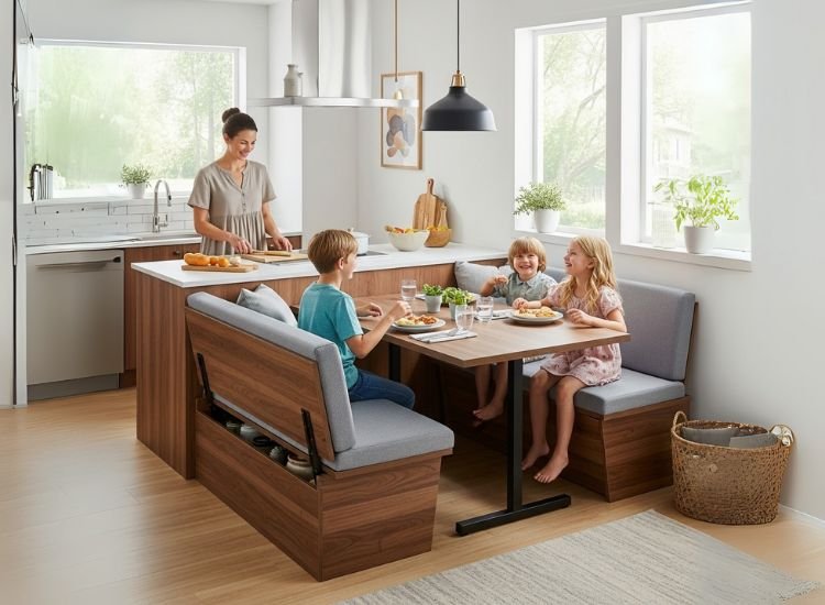 Idea 15 Banquette Island Combo Banquette and island combo showcasing built-in dining with functional small kitchen island design and clever ideas for small kitchen island setups.