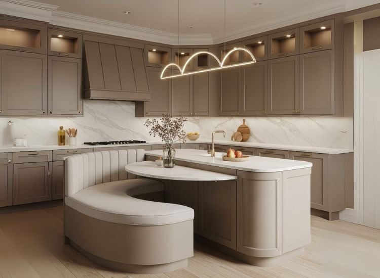 Idea 17 Curved Seating Design for Corner Curved seating island designed for corner kitchens, highlighting flowing small kitchen island design and creative kitchen island ideas for small kitchens.