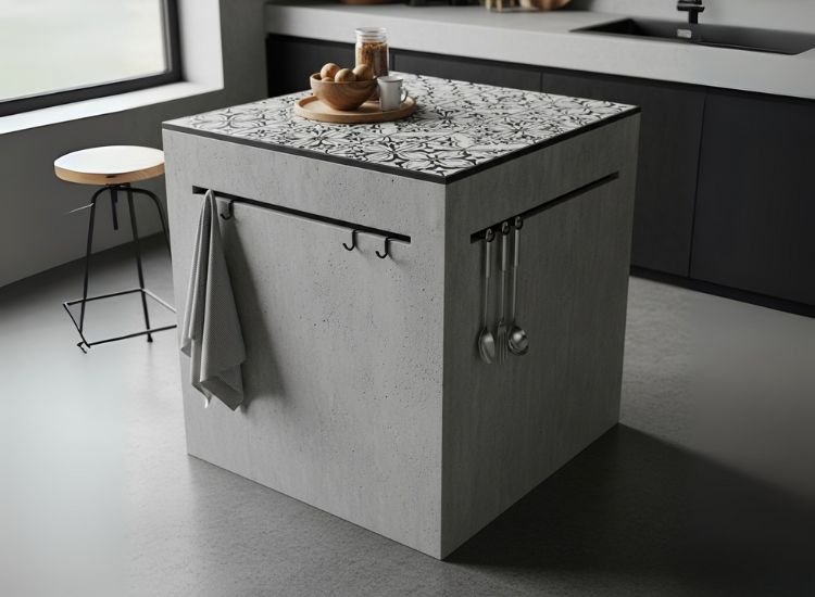 Idea 20 Concrete Base with Tile Top Concrete base island with tile top showcasing durable and stylish small kitchen island design and modern kitchen island ideas for small kitchens.
