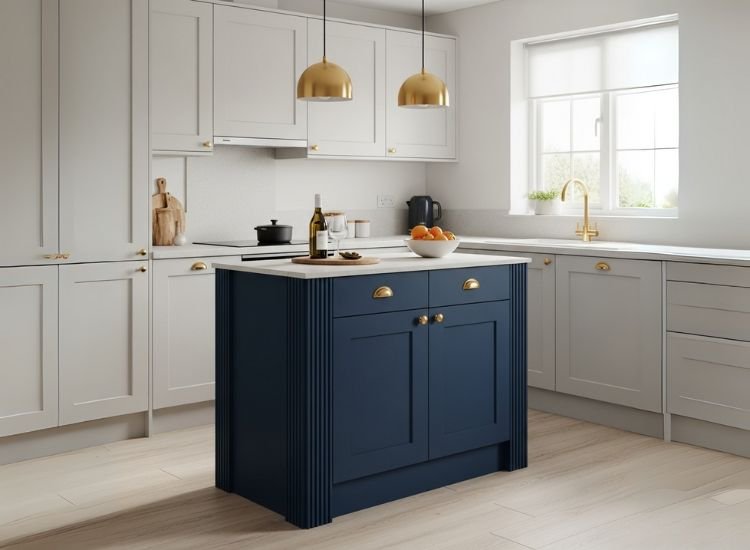 Idea 22 Navy Blue Island with Gold Handles Navy blue island with gold handles showcasing bold aesthetics and boutique-style small kitchen island ideas with elegant small kitchen island design.