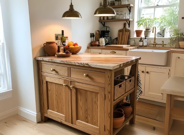 Idea 23 Wooden Rustic Finish Island with Brass Knobs Wooden rustic finish island with brass knobs featuring earthy elegance and timeless small kitchen island ideas with classic small kitchen island design.