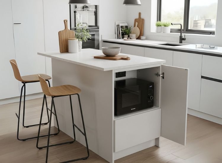 Idea 6 Island with Microwave Shelf Compact island with microwave shelf highlighting built-in convenience and clever small kitchen island ideas for small kitchens.
