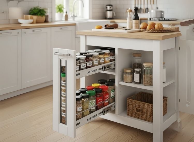 Idea 7 Island with Spice Drawer Island with built-in spice drawer showcasing organized small kitchen island design and practical kitchen island ideas for small kitchens.